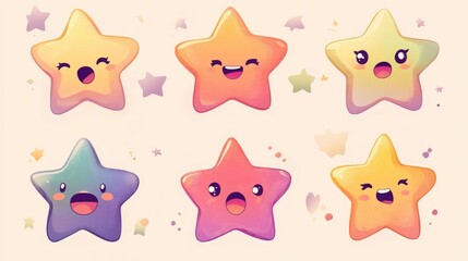 Fototapeta premium Colorful emotive star characters displaying a range of cheerful expressions suitable for children's art and playful designs.