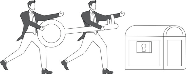 The key to business success, the key to successful corporate teamwork, two businessmen cooperate together holding a huge key