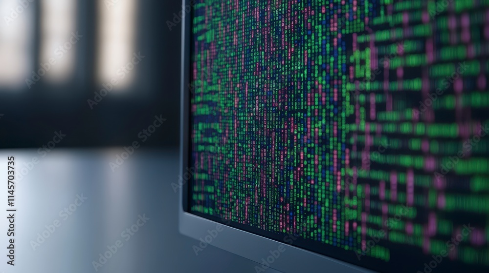 Poster a close-up of a digital screen displaying colorful code, highlighting programming, data analysis, an