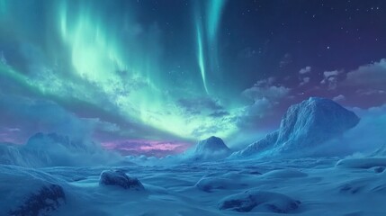Stunning aurora borealis illuminates a snow-covered arctic mountain range at night.