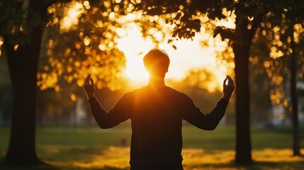 Silhouette of a man meditating at sunset in a park.