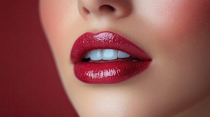 Obraz premium A woman's lips shine with lip balm, emphasizing beauty, skincare, and self-care for smooth and healthy lips.