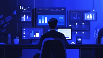 Data science and big data technology. Scientist computing, analysing and visualizing complex data set on computer. Data mining, artificial intelligence, machine learning, business analytics.
