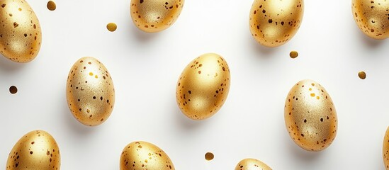Obraz premium Elegant gold Easter egg design scattered on a clean white background showcasing festive patterns for holiday celebrations and decorations