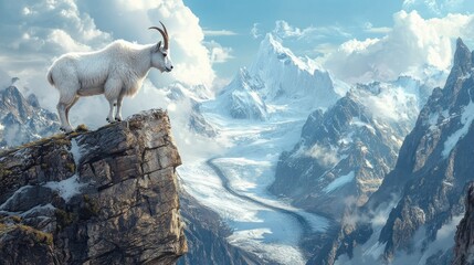 Majestic mountain goat perched on cliff overlooking snow-capped peaks and glacier valley.