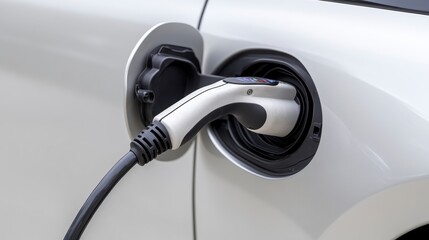 A close-up of an electric vehicle charging plug inserted into a car, showcasing the connection for electric power.
