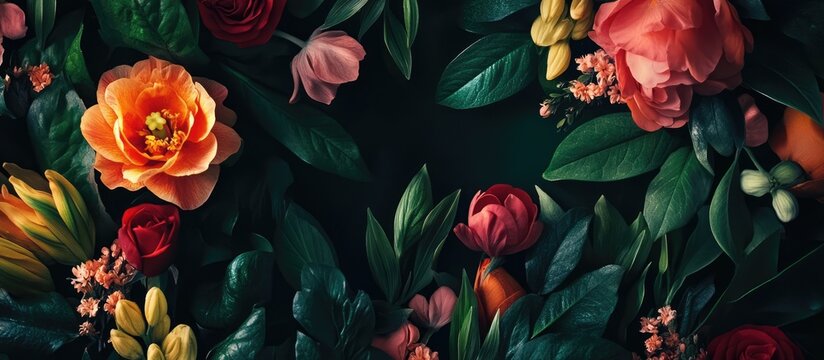 Floral themed invitation card mockup with vibrant flowers and lush greenery on a dark background for elegant greeting designs