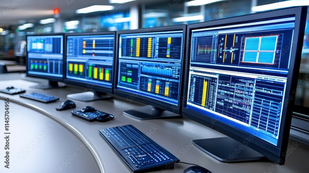 Poster a modern workstation featuring multiple monitors displaying data analytics and graphs, ideal for tec