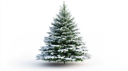 Snow-covered Christmas tree on a bright white background ideal for holiday-themed designs and festive decorations.