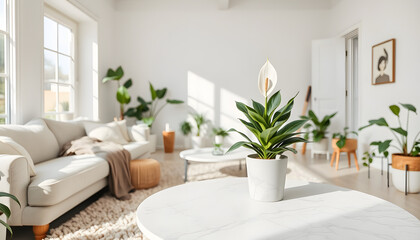 Fototapeta premium Tranquil Living Room with Peace Lily on Elegant Marble Tabletop