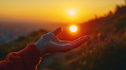 A Hand Reaching Out to the Setting Sun with a Scenic Background Captured During Golden Hour at Dusk in Nature's Embrace