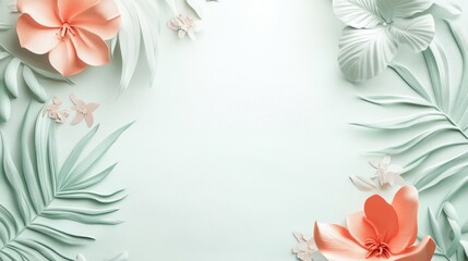Floral layout design for elegant greeting card background with soft pastel colors and tropical leaves.