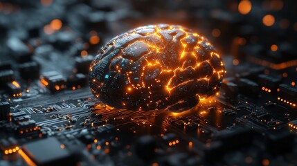 A glowing brain on a circuit board.