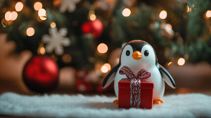 A penguin figure with a gift placed next to a twinkling Christmas tree, creating a joyful and heartwarming holiday scene.