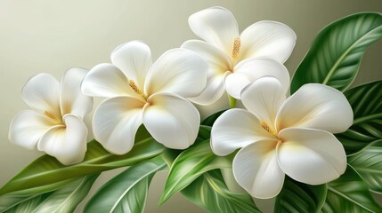 Fototapeta premium Elegant white blossoms complemented by lush green foliage in a serene botanical composition with a soft pastel background.