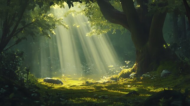 A sunlit forest scene with light rays filtering through a rich green canopy, creating a warm, inviting glow across the forest floor covered in thick moss 