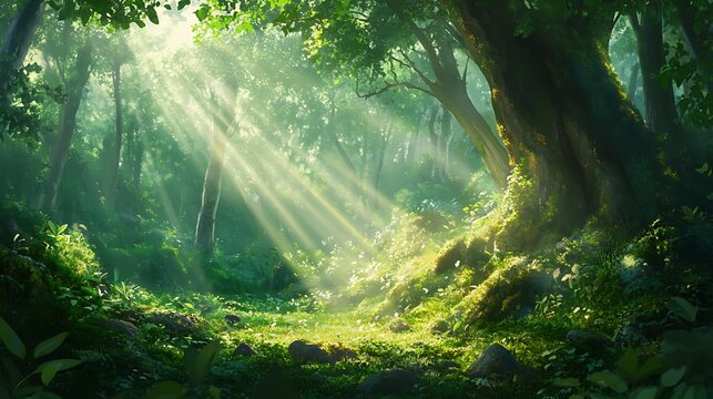A sunlit forest scene with light rays filtering through a rich green canopy, creating a warm, inviting glow across the forest floor covered in thick moss  - Powered by Adobe