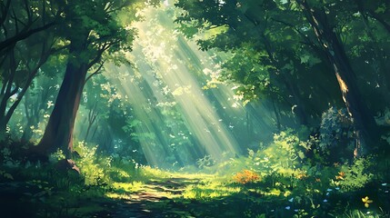 A vibrant green forest with rays of sunlight peeking through the tree canopy, casting soft glows on the surrounding foliage and creating a peaceful atmosphere 
