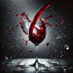 A glass of red wine being poured, with the wine splashing and creating an abstract pattern against a dark background, wine glass, celebration party concept