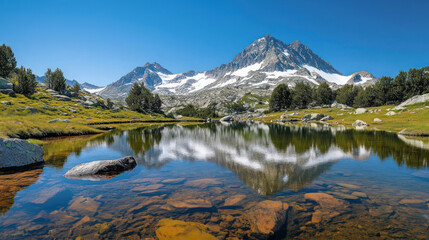 A serene mountain landscape reflecting in a tranquil lake under a clear blue sky.