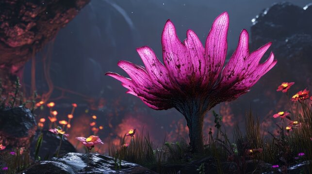 Vibrant false hellbore flower in bloom amidst a mystical landscape showcasing the beauty and danger of toxic plants.