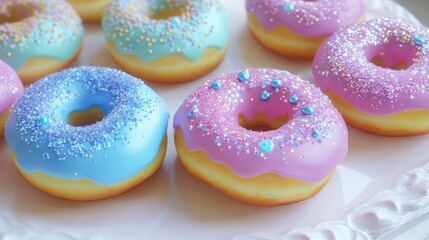 Colorful frosted donuts on a white plate Delicately decorated pastries perfect for breakfast or dessert showcasing vibrant sugar icing