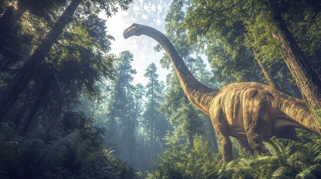 A majestic brachiosaurus stands amidst a lush prehistoric forest, sunlight filtering through the ancient trees.