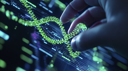 Obraz premium hand interacting with virtual DNA strand, showcasing biotechnology and digital innovation. This represents fusion of science and technology in genetic research