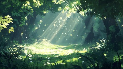 Sunlight gently streaming through a dense forest canopy, illuminating a variety of plants and trees, creating a calm and ethereal mood in the woods 