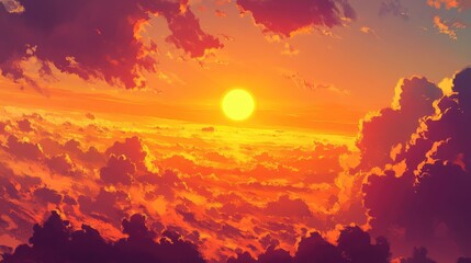 Vibrant sunset over clouds showcasing a stunning blend of orange and yellow hues in a picturesque sky scene