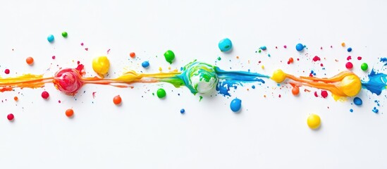 Obraz premium Colorful candy toppings and splashes of paint against a white backdrop creating a vibrant and playful aesthetic for desserts and treats