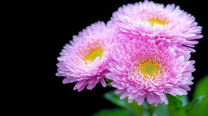Obraz premium Three pink flowers on black background.