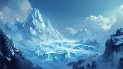 Expansive glacier landscape with towering mountains and a serene blue sky in the background depicting the beauty of nature's frozen wonders