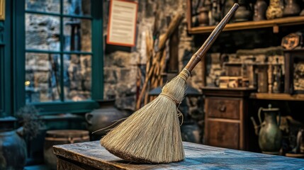 Rustic Broom Displayed on Wooden Table in Cozy Interior Space