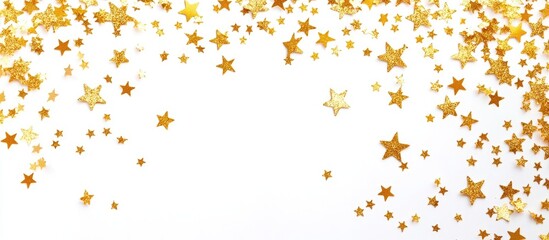 Golden glitter circle frame with scattered confetti stars on a white background ideal for celebration and event decoration themes