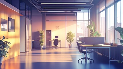 Serene Sunset Office: Modern Workspace bathed in Golden Hour Light