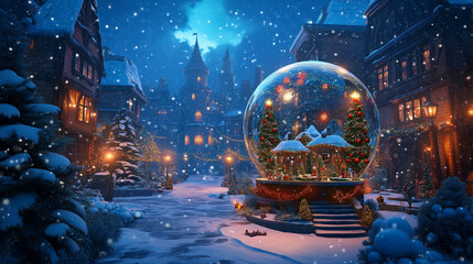 Obraz premium Winter town with a snow globe featuring holiday scenes
