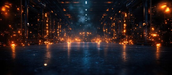 Industrial warehouse interior showcasing manufacturing and production lines with sparks and dramatic lighting creating a high-tech atmosphere