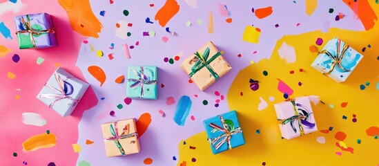 Vibrant holiday flat lay showcasing colorful gift boxes with confetti accents against a lively backdrop ideal for festive promotions