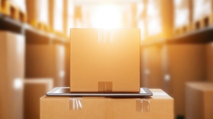 A well-lit warehouse scene featuring stacked cardboard boxes, with a single box prominently displayed in the foreground, suggesting shipping or storage activities.