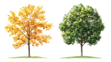 Fototapeta premium Colorful autumn trees depicting vibrant yellow and lush green leaves in a serene nature setting.