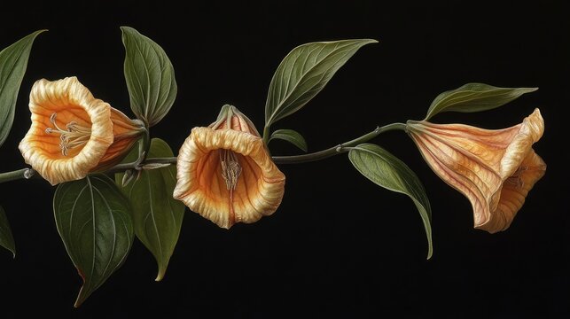 Showy chalicevine Solandra grandiflora vibrant flowers with conical branches and lush green leaves against a dark background