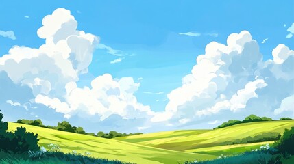 Obraz premium Scenic landscape featuring vibrant green farmland under a bright blue sky adorned with fluffy white clouds. Nature at its finest.