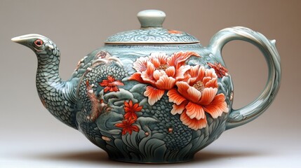 Ornate Chinese teapot featuring intricate floral and peacock designs with vibrant colors against a neutral background