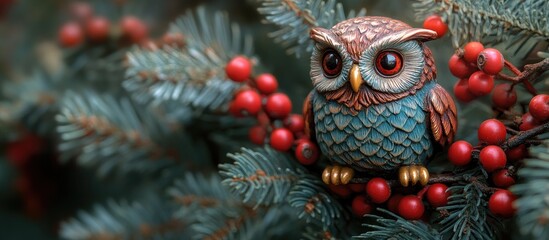 Decorative owl-shaped Christmas ornament nestled among evergreen branches and red berries on a festive holiday tree