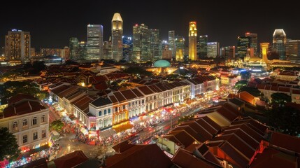 Fototapeta premium Night cityscape panorama of vibrant city street with historic buildings and modern skyscrapers.