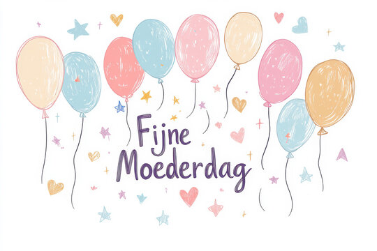 Happy Mother's Day card illustration written in Dutch language Fijne Moederdag like a kid drawing with balloons on a white background