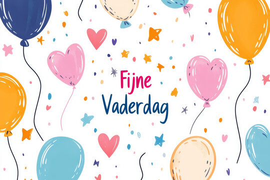 Happy Father's Day card illustration written in Dutch language Fijne Vaderdag like a kid drawing with balloons on a white background