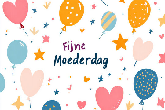 Happy Mother's Day card illustration written in Dutch language Fijne Moederdag like a kid drawing with balloons on a white background