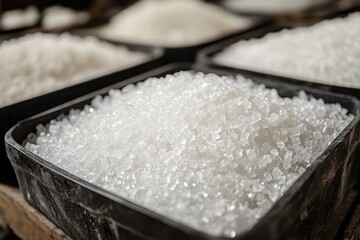 Close-up of granulated sugar in dark tray. Illustrates sweetness, purity, and food production.